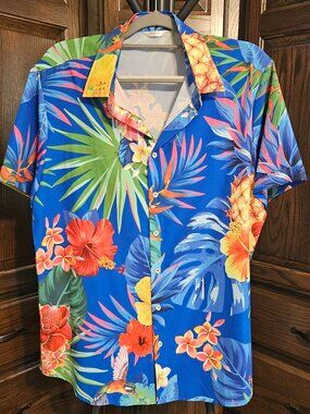 SheLucki Large Blue Tropical Hawaiian Floral Button Up Shirt